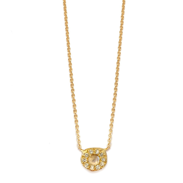 Moonstone Diamond Disk Necklace in Yellow Gold