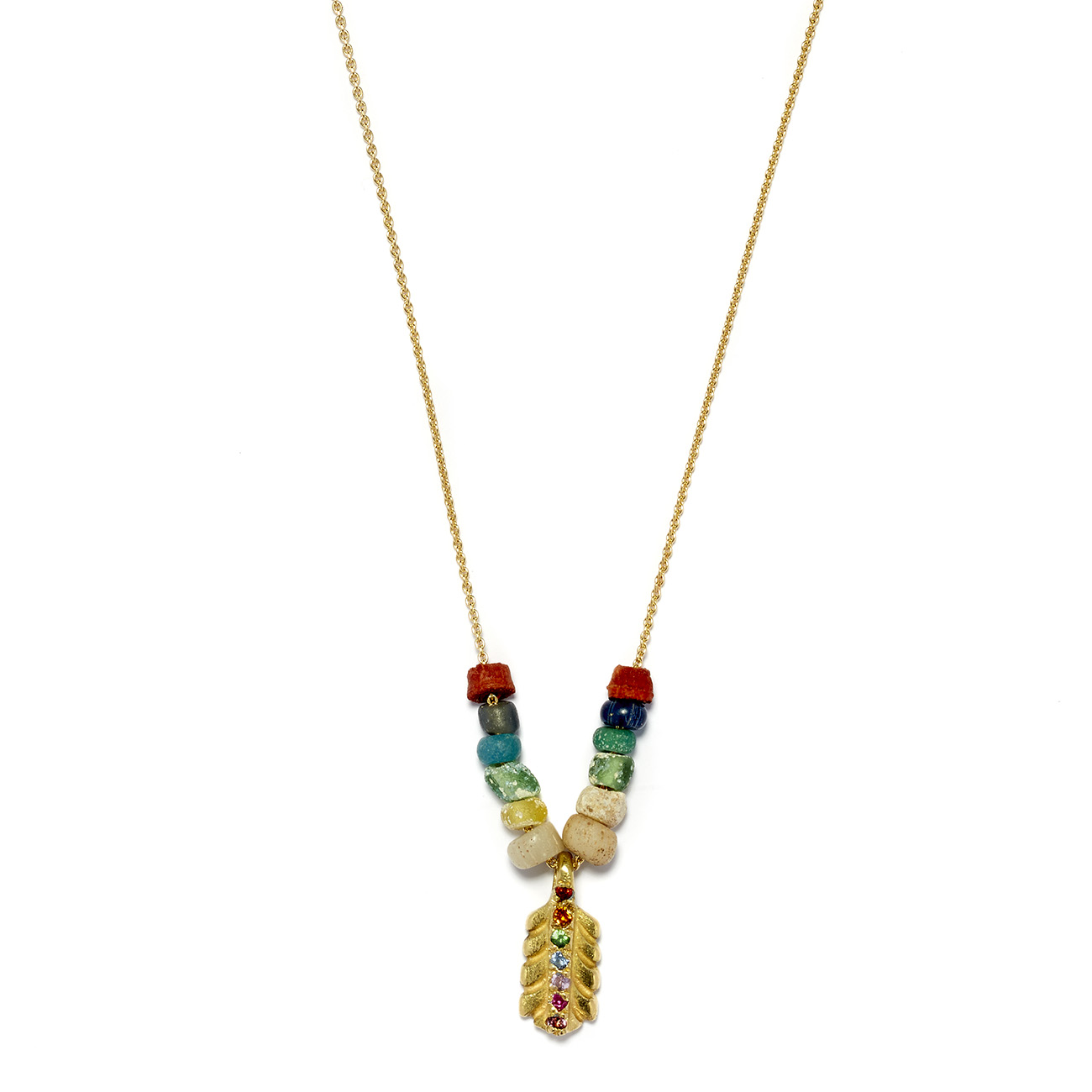 Elisa Solomon - Yellow Gold Rainbow Small Feather Necklace With Beads