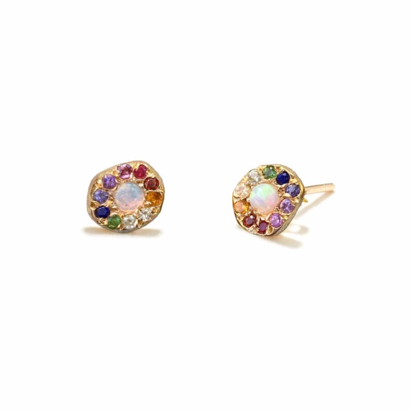 Yellow Gold Opal Rainbow Disk Studs - Elisa Solomon Jewelry
