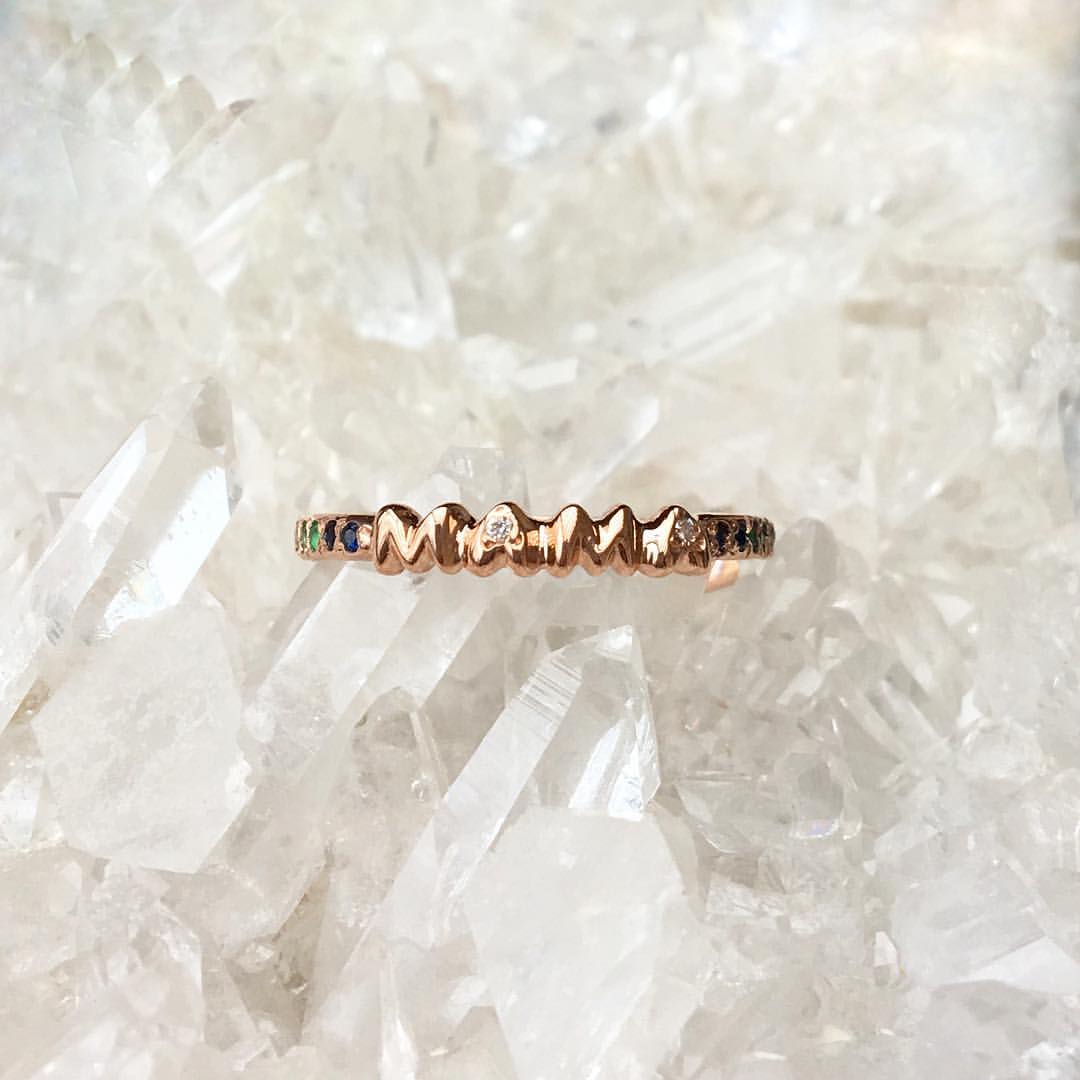 18k pink gold mama band with personalized gemstones and diamonds