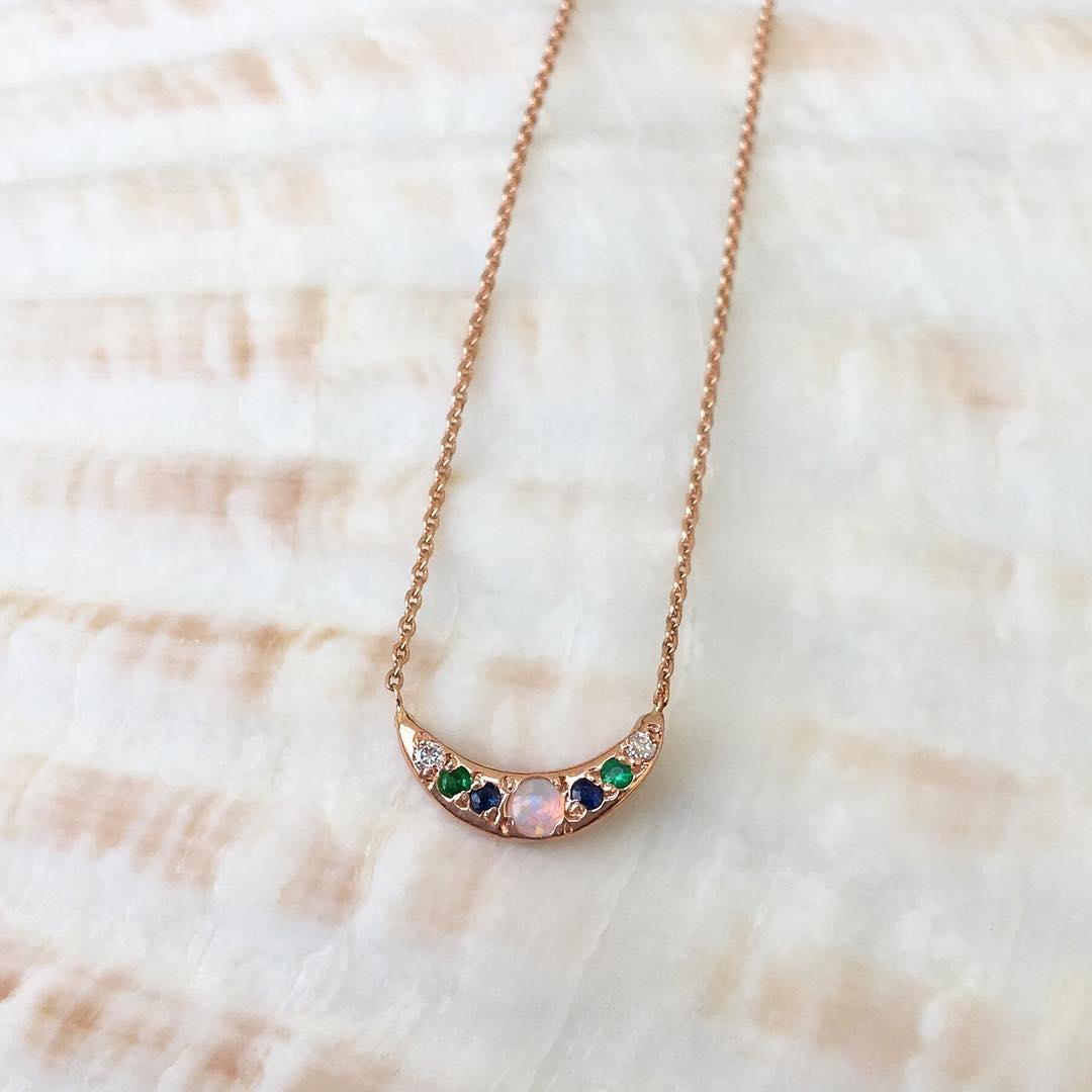 pink gold mini moon necklace with personalized gemstones and diamonds