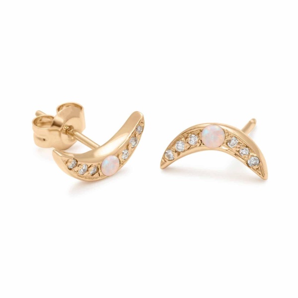Opal Diamond Mini Moon Stud Earrings
