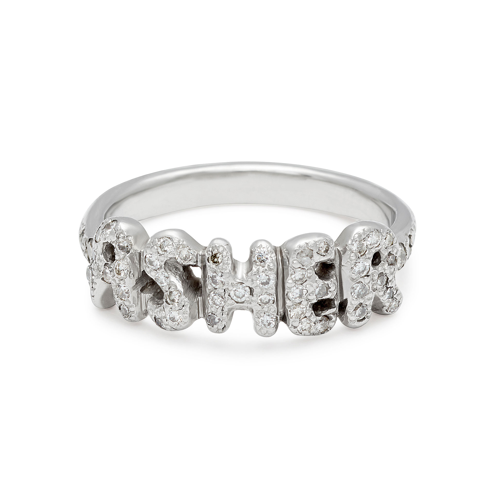 platinum name ring with white diamonds