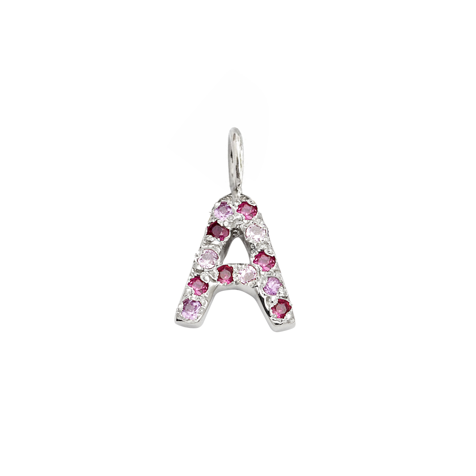 Letter Charm Pendant with Pink Hue Gems in 14k White Gold