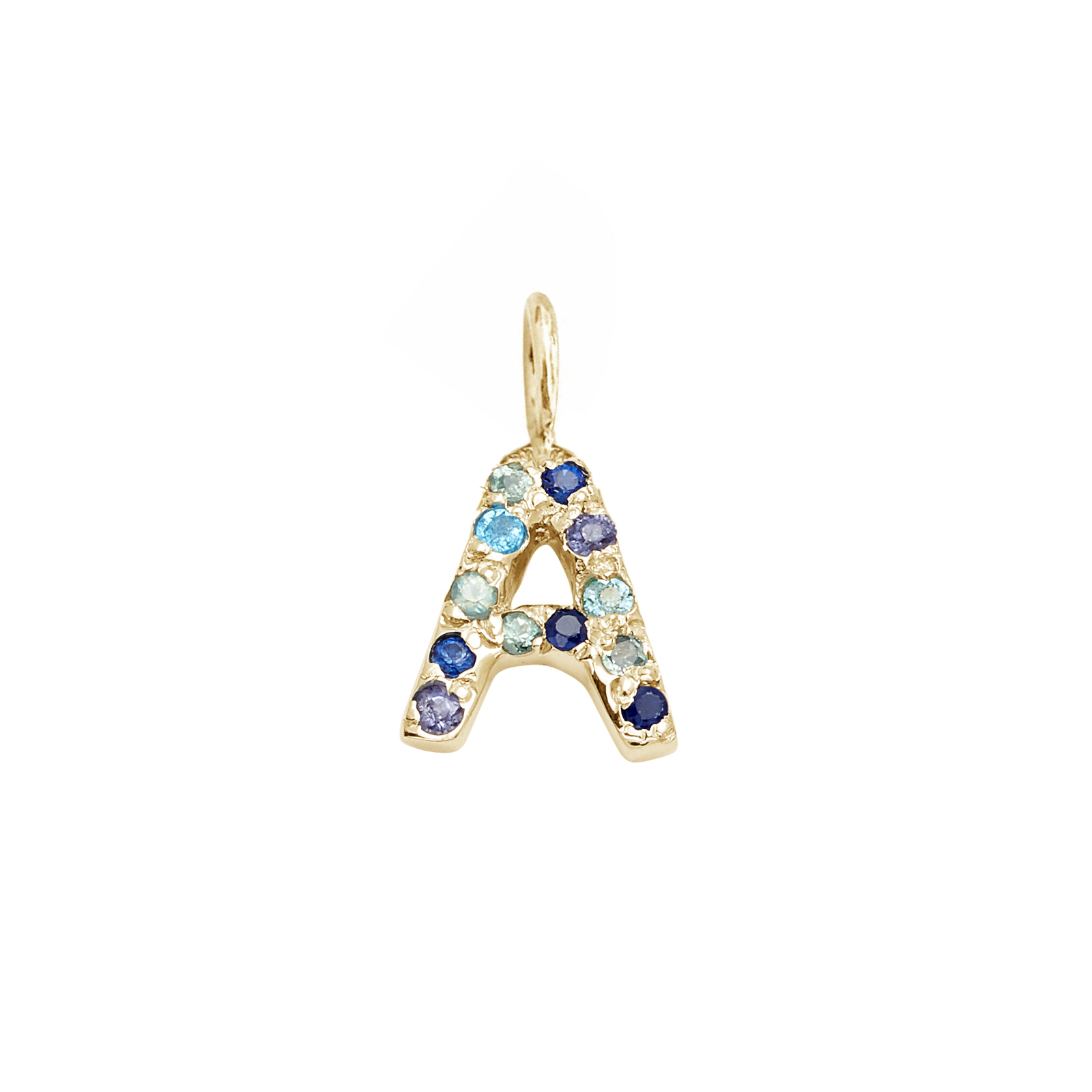 Letter Charm Pendant with Blue Hue Gems in 14k Yellow Gold