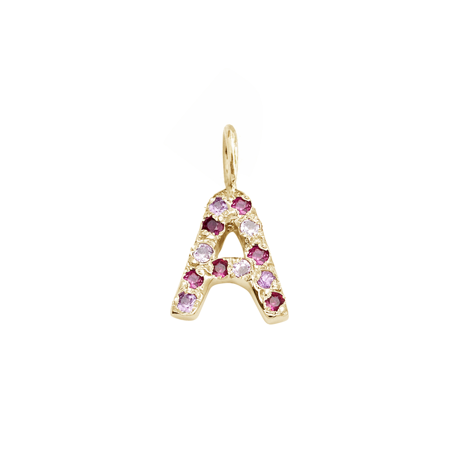 Letter Charm Pendant with Pink Hue Gems in 14k Yellow Gold