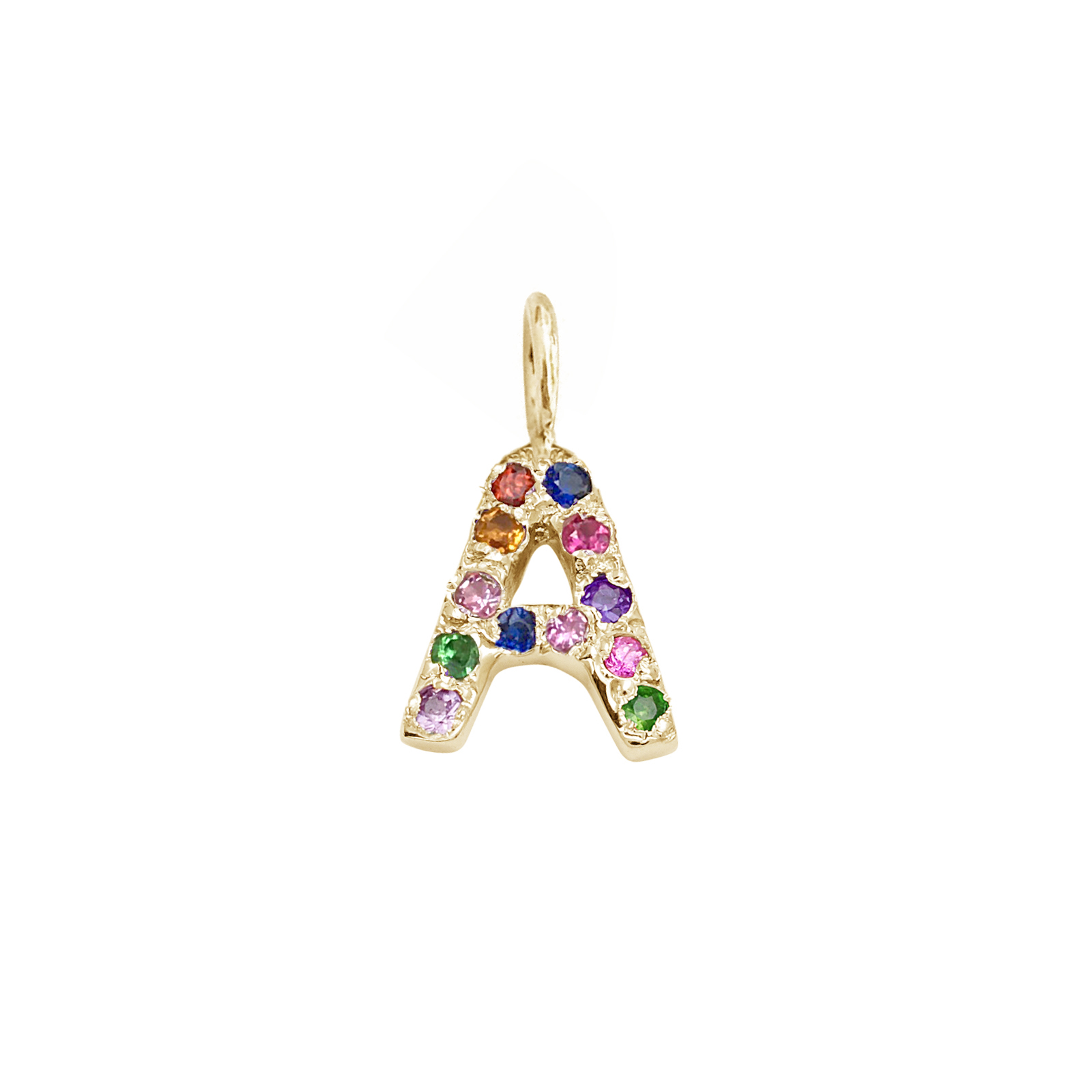 Letter Charm Pendant with Multicolor Gems in 14k Yellow Gold