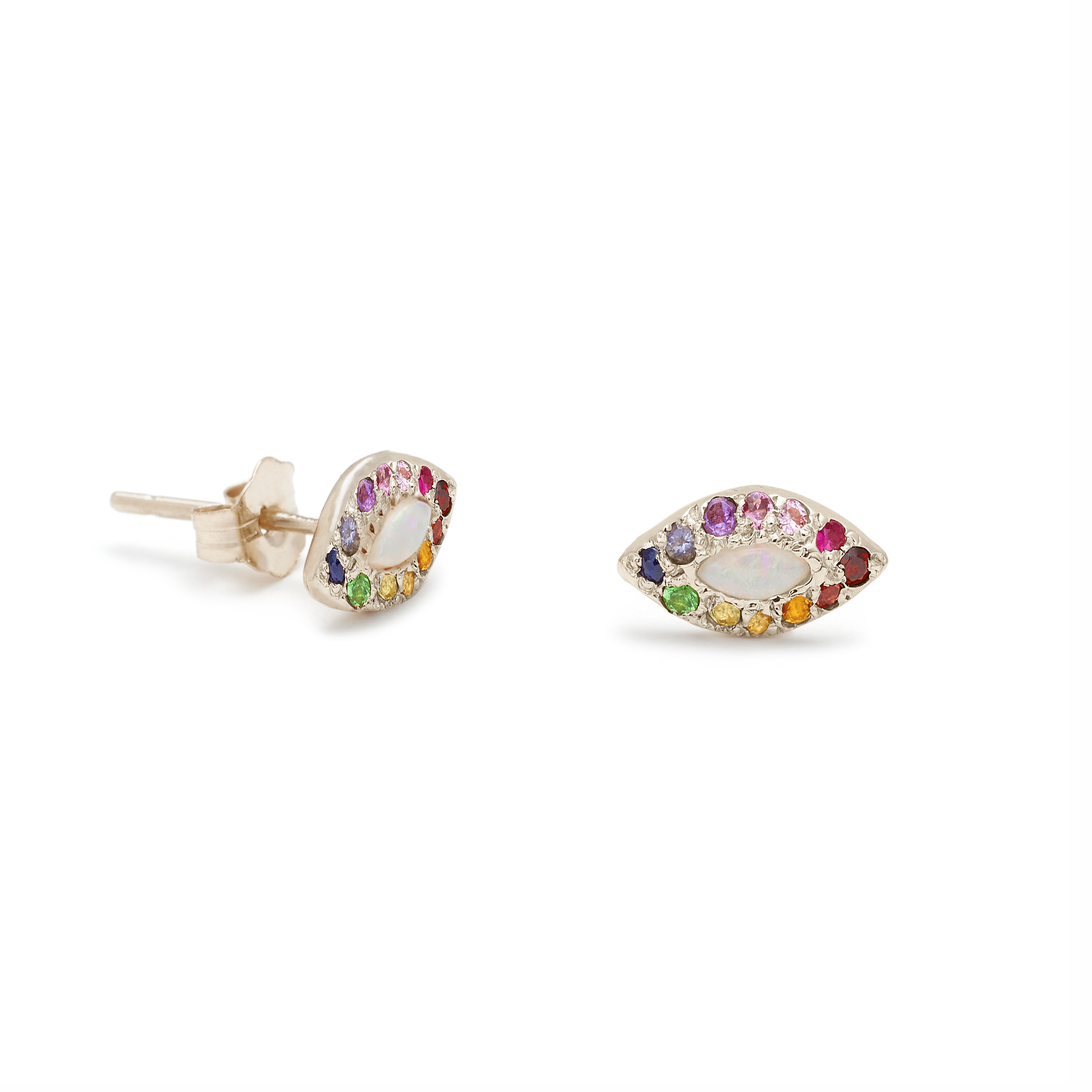 White Gold Opal Rainbow Eye Stud Earrings - Elisa Solomon Jewelry