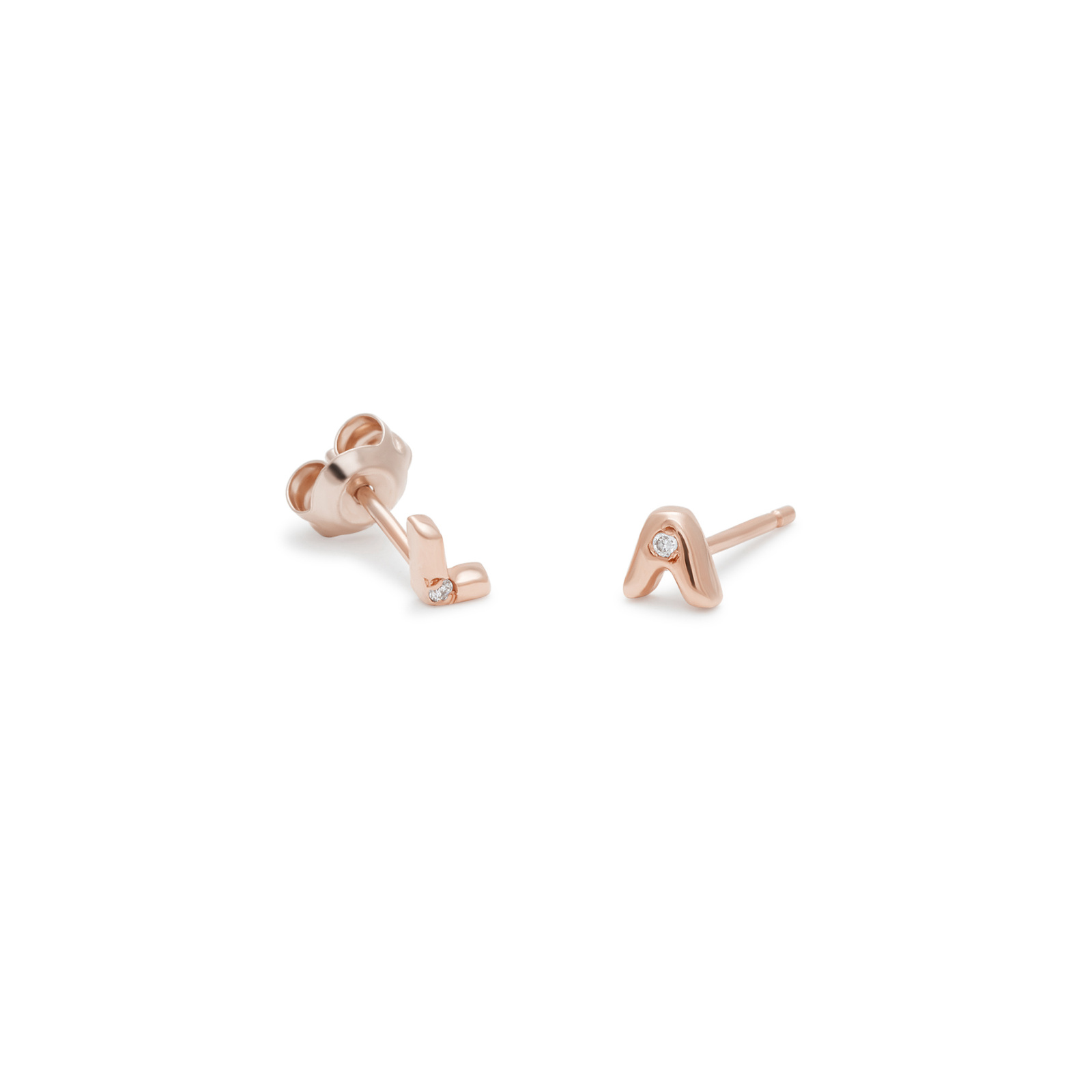 Letter Stud Earrings in 14k Pink Gold with White Diamonds