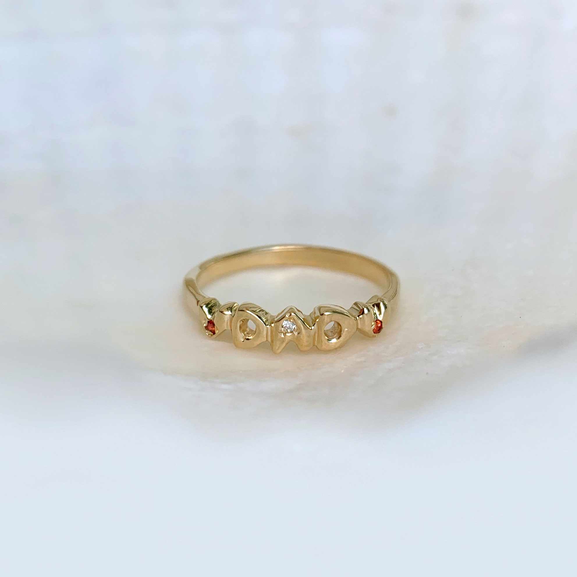 custom carved 18k gold dad ring diamonds gemstones