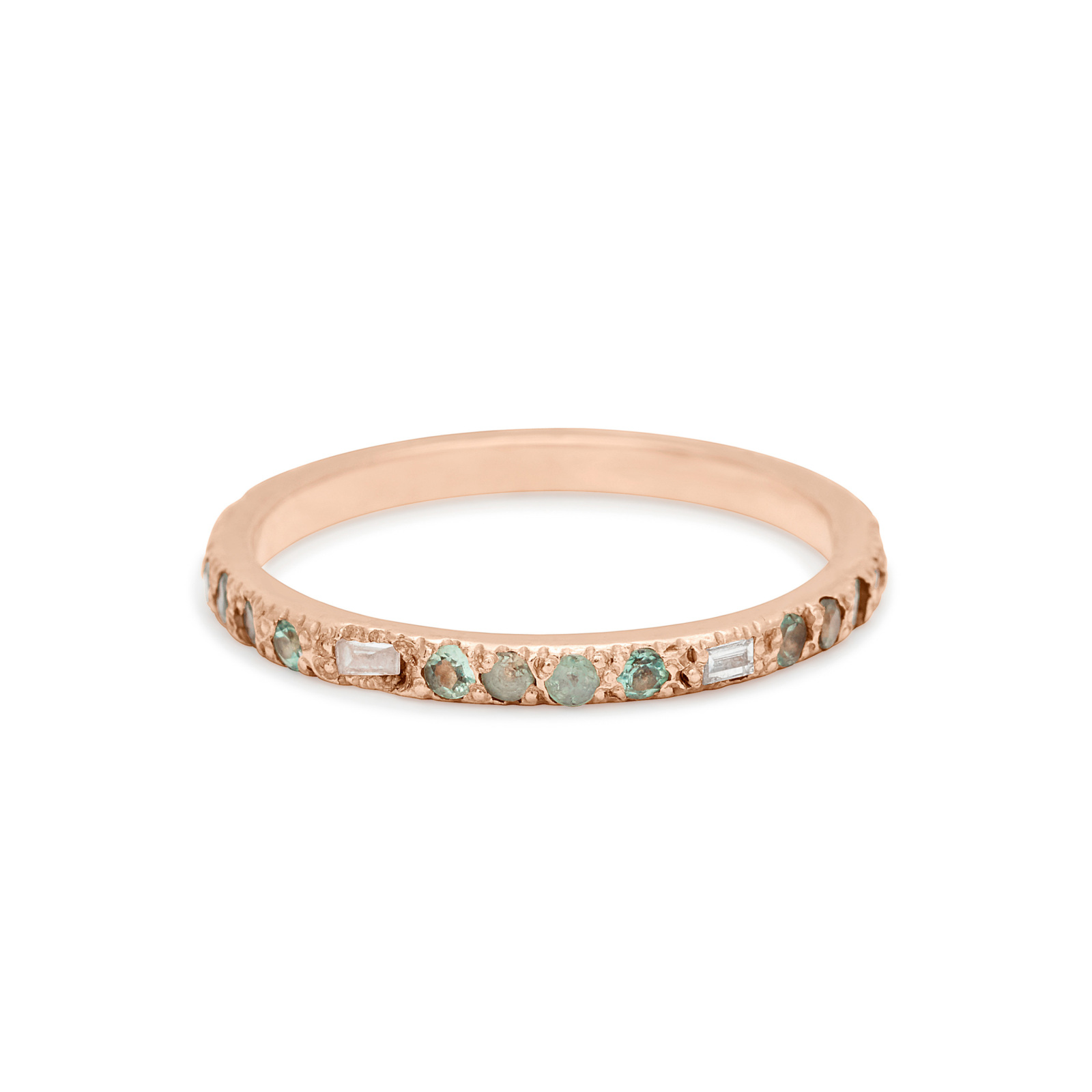 Custom Baguette Band in 18k pink gold with diamonds and gemstones personalized