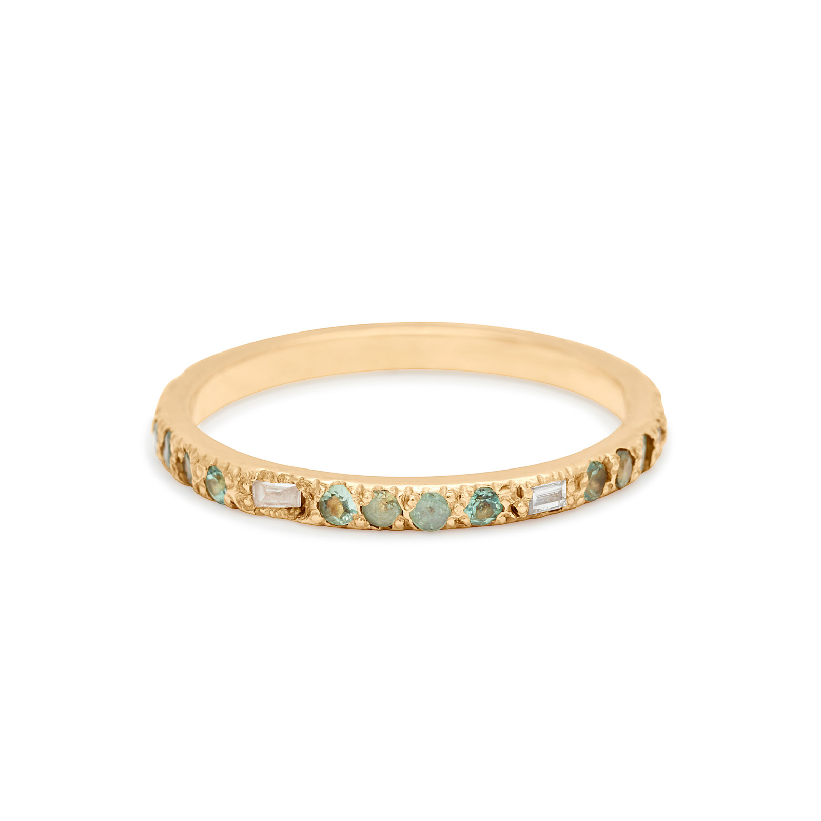 Custom Baguette Band in 18k yellow gold with diamonds and gemstones personalized