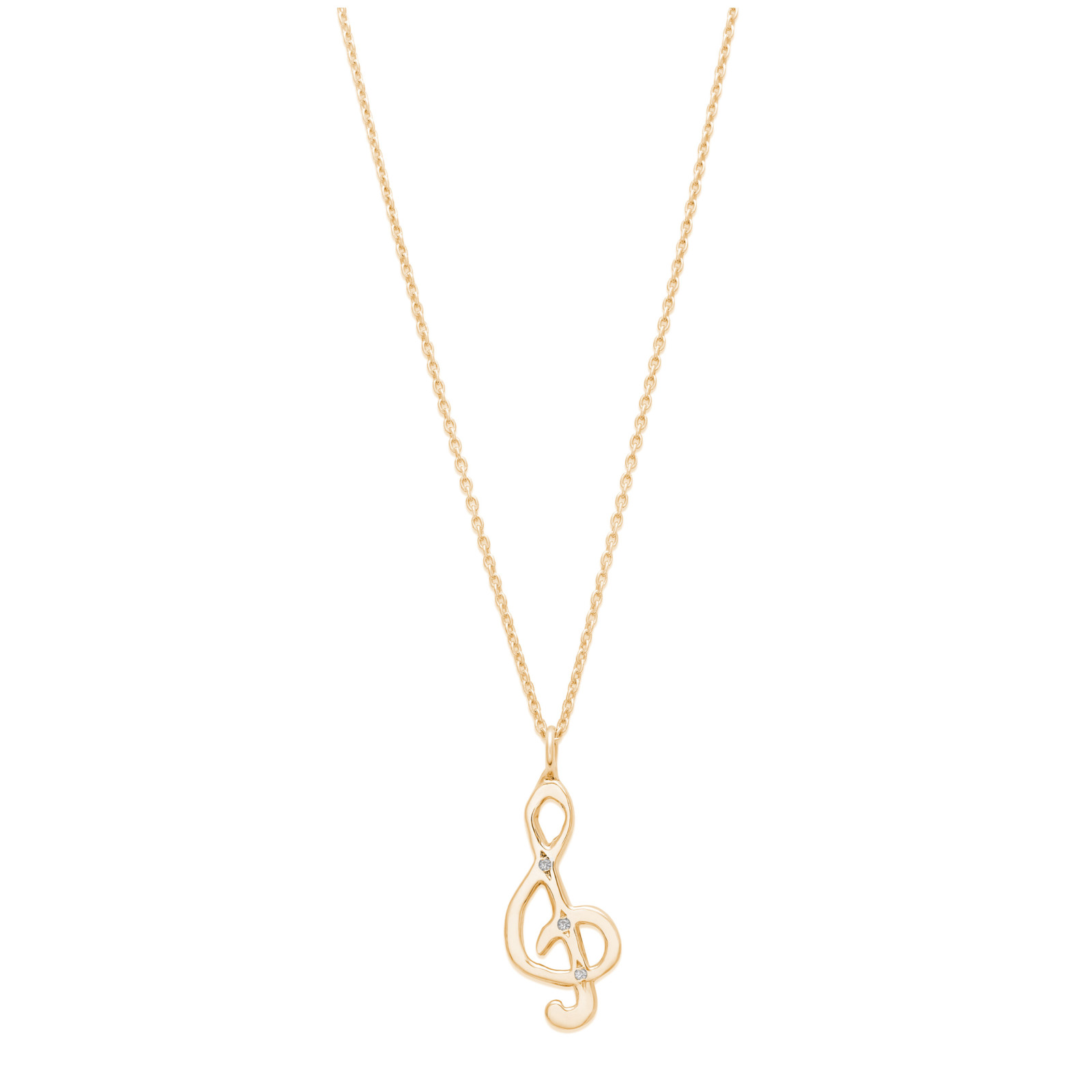 Treble clef music note charm necklace in 14k yellow gold with white diamonds