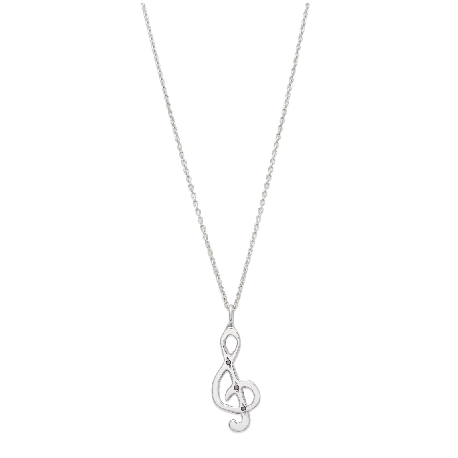 Treble clef charm necklace in sterling silver with black diamonds